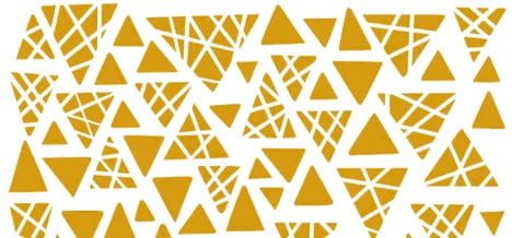 This is a series of gold triangles, some with geometric patterns on them. 