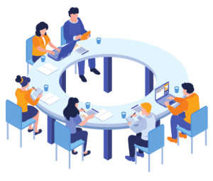 Clip art image of 6 people sitting around a circular table, drinking coffee, and working on computers and in notebooks